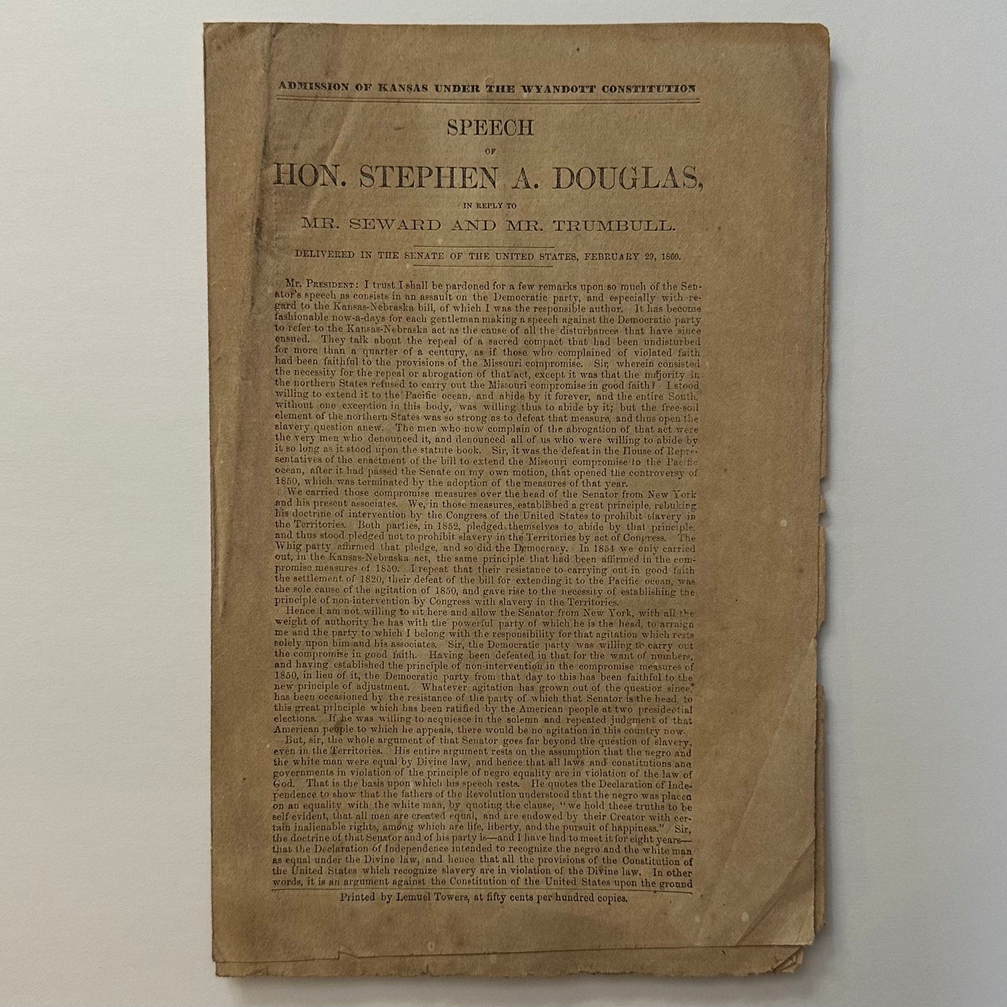 Stephen Douglas Speech on the Admission of Kansas under the Wyandott Constitution