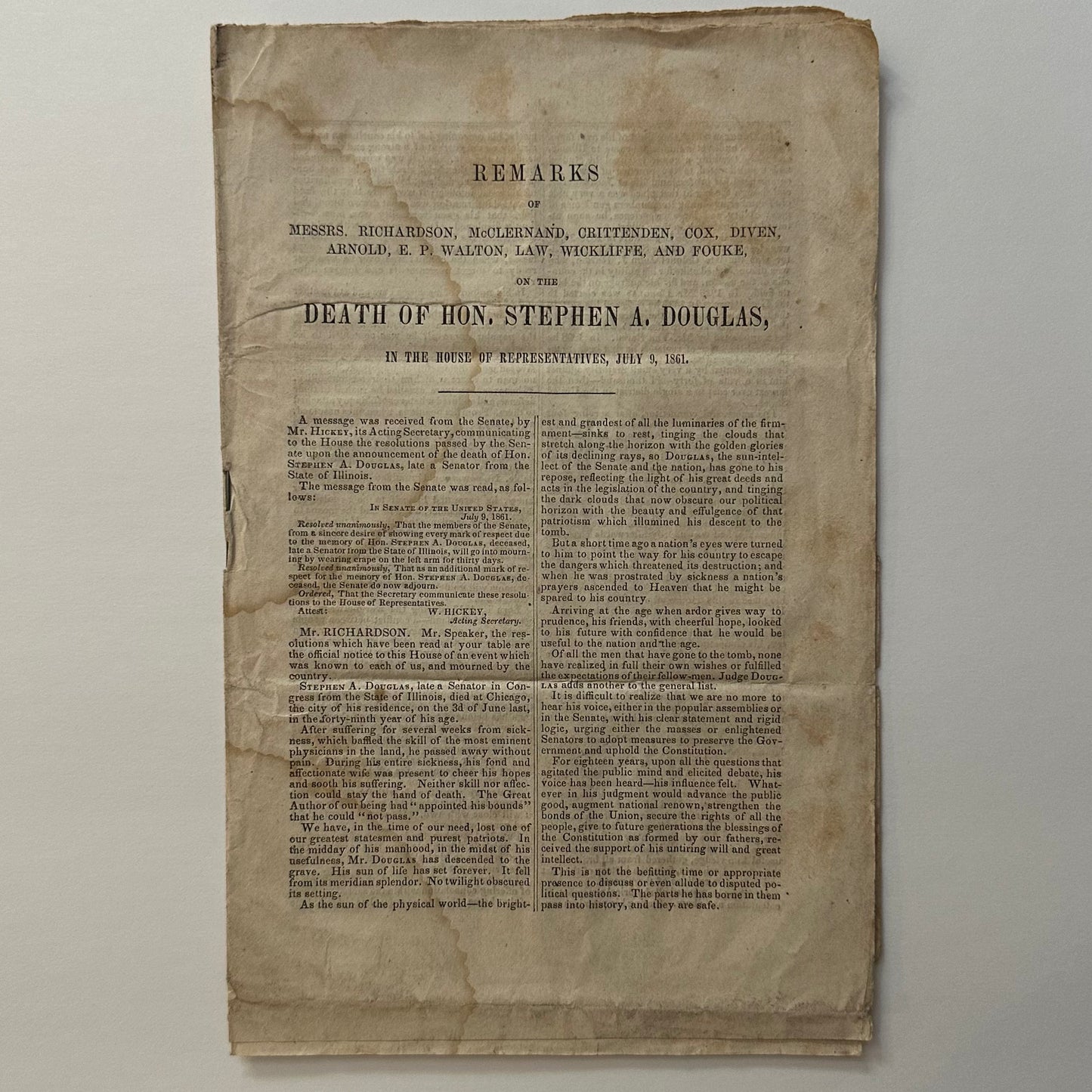 Remarks on the Death of Hon. Stephen A. Douglas 1861