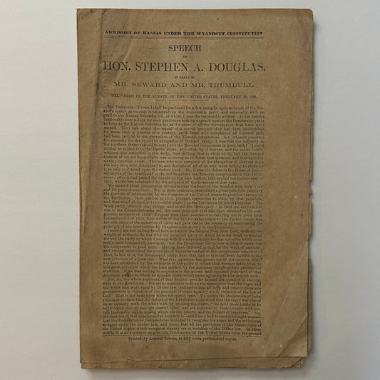 Stephen Douglas Speech on the Admission of Kansas under the Wyandott Constitution