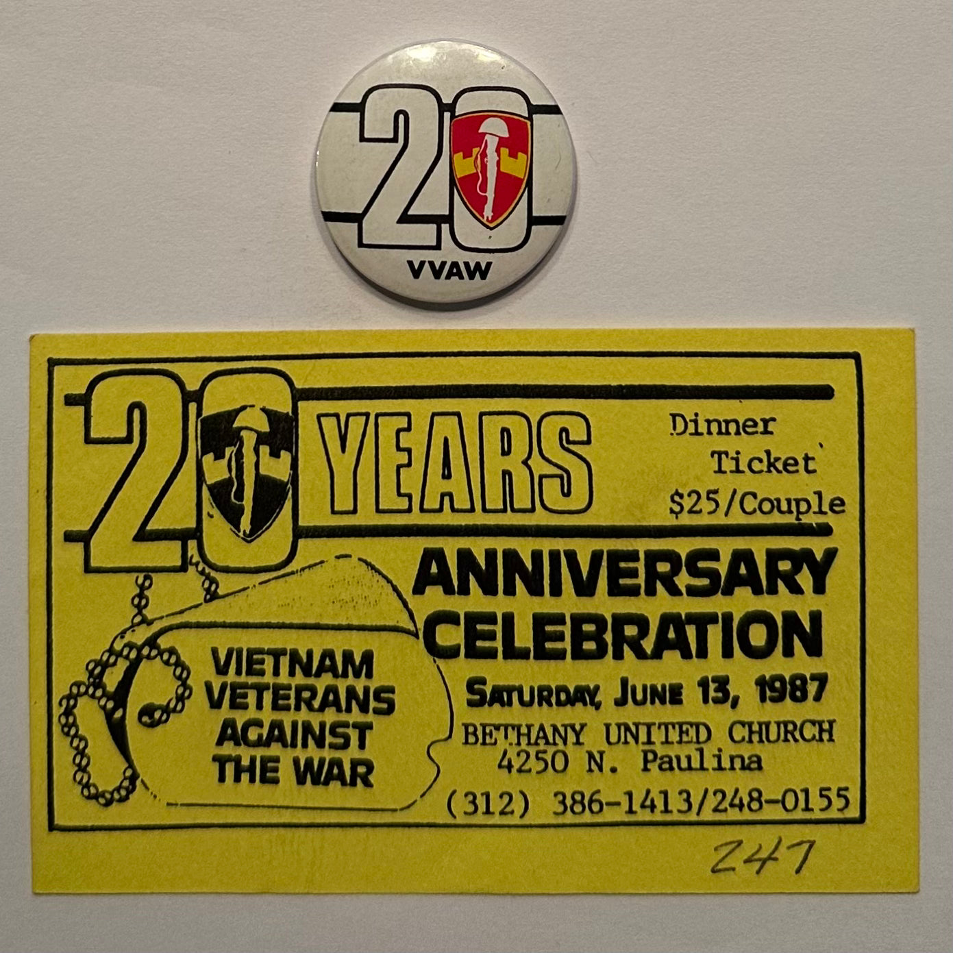 VVAW 20th Anniversary /button & Ticket