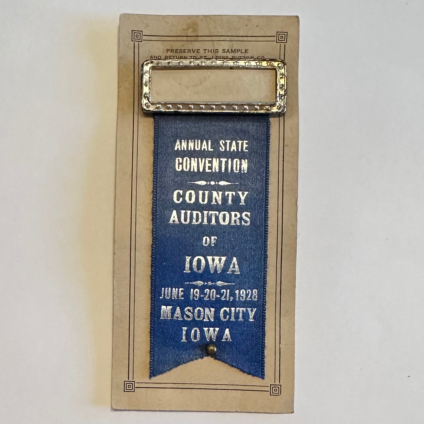 Iowa County Auditors 1928 Convention on St. Louis Button Co. SAMPLE Card