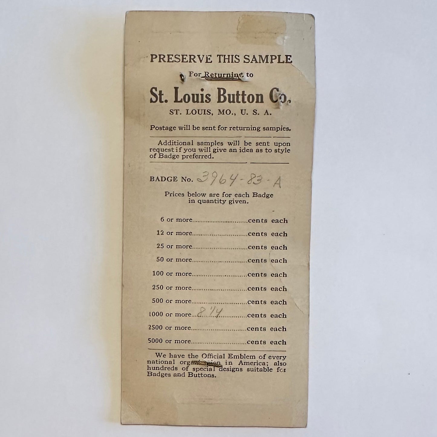 Iowa County Auditors 1928 Convention on St. Louis Button Co. SAMPLE Card